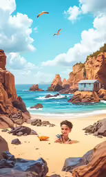 a person sitting on the beach near some rocks