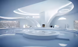 a bathroom with a white and blue design