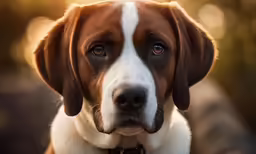 the dog has brown eyes and a white chest