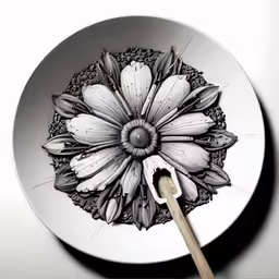 a drawing on a white plate that has some flower on it