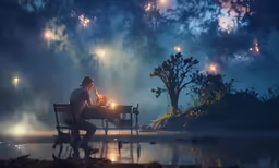 a man is sitting on a bench in the rain using his cell phone