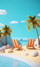 a couple of lawn chairs sitting on top of a sandy beach