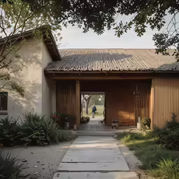 a person is walking through a wooden door