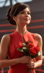 a woman in an orange dress holding a bouquet of red roses
