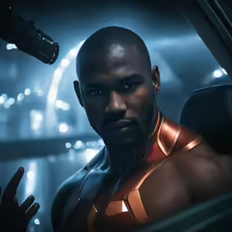 the man in armor is staring into the distance