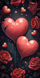 some red roses with hearts shaped balloons and bubbles