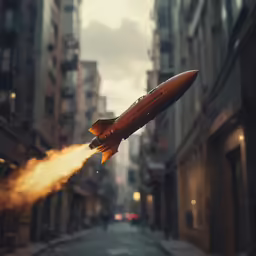 an orange balloon in the shape of a large jet flying towards the viewer