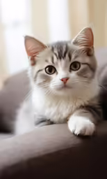 a cute cat sitting on the arm of a couch