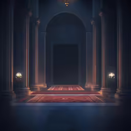 a big carpet in a large building surrounded by lamps