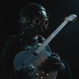 a man with a helmet and gas mask holding a guitar