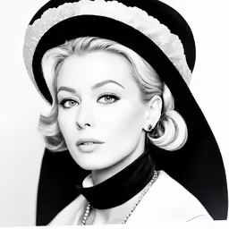 a woman in a black hat and dress is posing for the camera