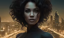 woman with black hair standing in front of city lights