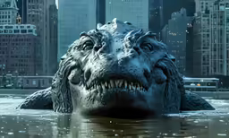 a fake dinosaur head swimming in water
