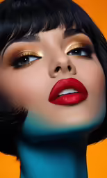 the lady with blue and yellow make up has bright lipstick
