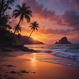 a beach area with the sun setting on a mountain
