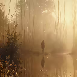 a person walking on a trail near a lake