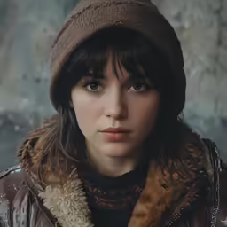 a young woman with a big hat and scarf on