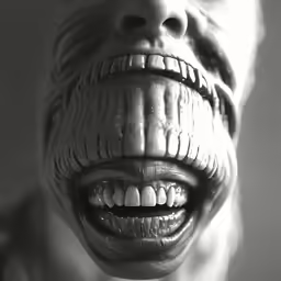 the head and teeth of a scary man