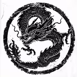 a circular design with a dragon in black and white,a black and white dragon drawn in a circle