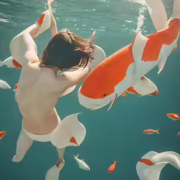 a man that is in some water with orange and white fish