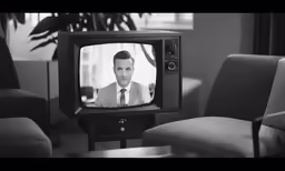 black and white photo of a man wearing a tie in an old tv