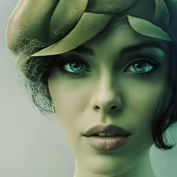 a woman with blue eyes has an artistic hat on her head