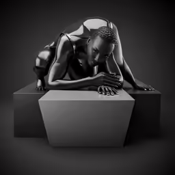 a black and white photo of a woman sitting on a pedestal