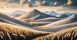 a painting of mountains and grass with a sunset