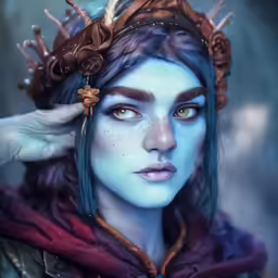 a portrait of a blue faced woman with antlers on her head and long blue hair