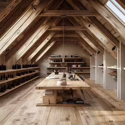 there is a wooden table and shelves in the room,an attic kitchen with a wood floor, table, and shelves of wine bottles