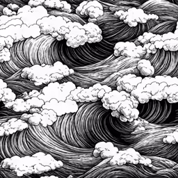an abstract drawing with clouds above it and in the background