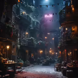 a dark and old looking building with a bunch of lights