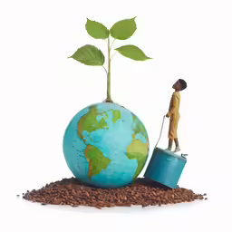 a small child standing on top of coffee beans with a small green plant on top