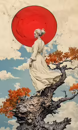 woman standing in the middle of a painting of trees