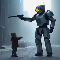 two boys playing with a robot with guns on a street