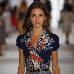 a model walks down the runway in blue floral outfits