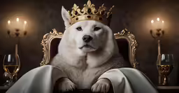 a white dog with a gold crown on sitting on a throne