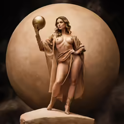 the woman in a golden body is holding a ball