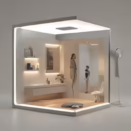 a bathroom with an open door and no one in it