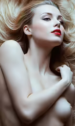 nude woman with red lips laying down