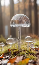 some white mushrooms on the ground covered with rain