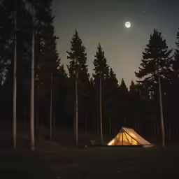 a tent sits in the middle of the trees and lit by night