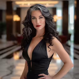 a woman in black dress posing for a photo,a woman is wearing a short black swimsuit