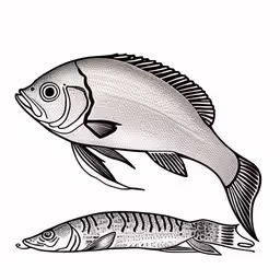 two fish one is large and the other one is small,two different fish side by side,an image of fish and its prey,an image of two fish with large tails,a black and white drawing of two fish