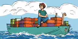 a cartoon picture of a man riding a boat full of shipping containers