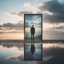 the silhouette of a man in front of an open door with a sky background