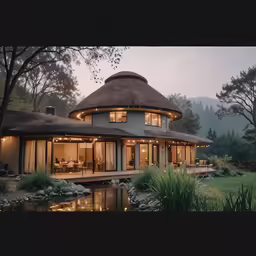 a beautiful white and brown house with a water pool
