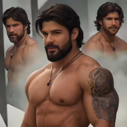 two shirtless men wearing chains with tattoos on their chests