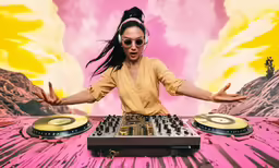 a woman standing in front of an electronic mixer