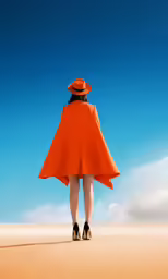 a woman with a hat and an orange cloak